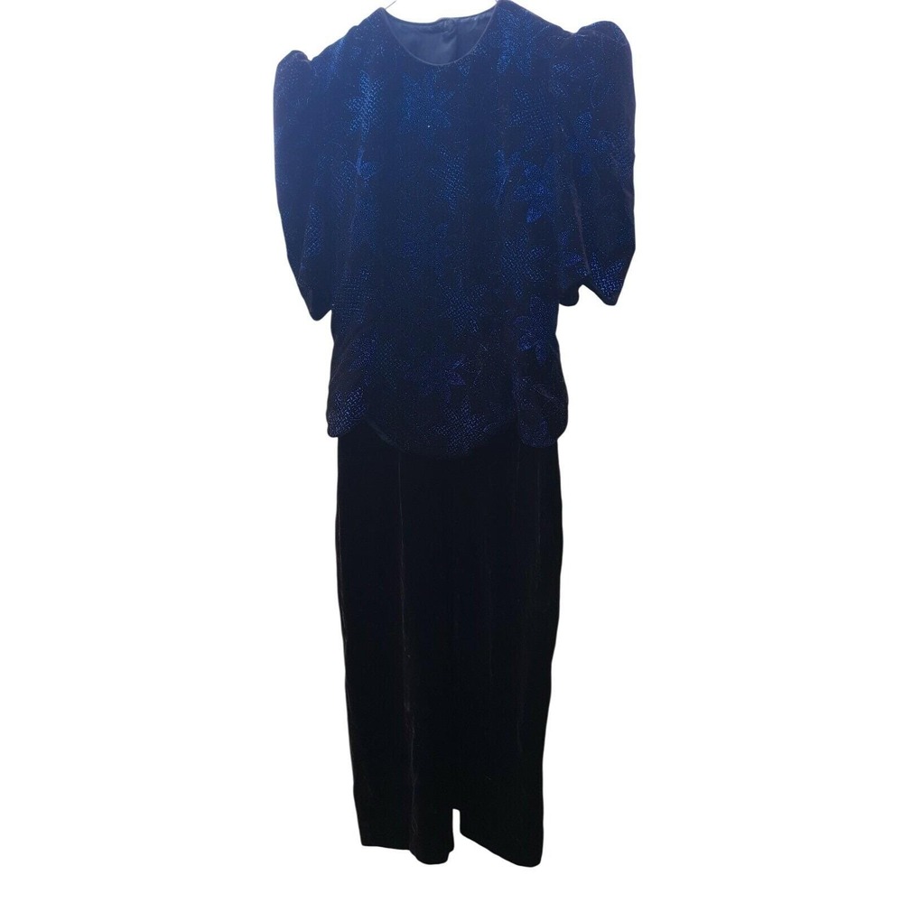 VTG Scott McClintock Velvet Gown Sz 10‎ Blue Glitter Floral Formal Evening Dress